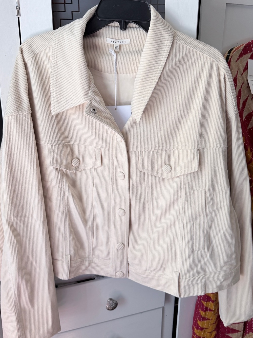 Baevely Neutral Cream Crop Corduroy Jean Jacket - Women's snap front